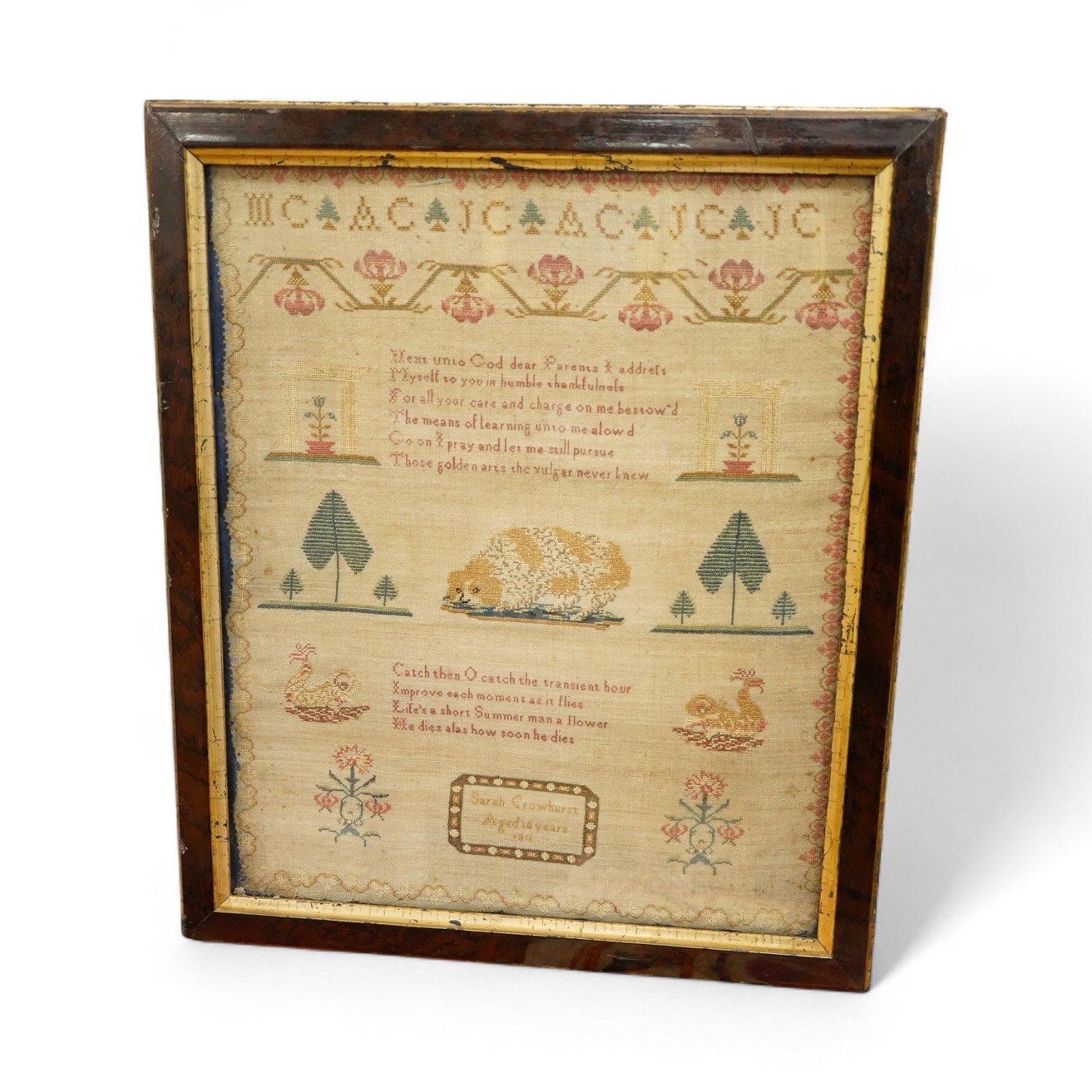 An early 19th century framed sampler by Sarah Crowhurst aged 10 years, dated 1811. Very finely embroidered, on fine linen, with a line of alphabet, then a religious verse and a large central spaniel motif between stylist